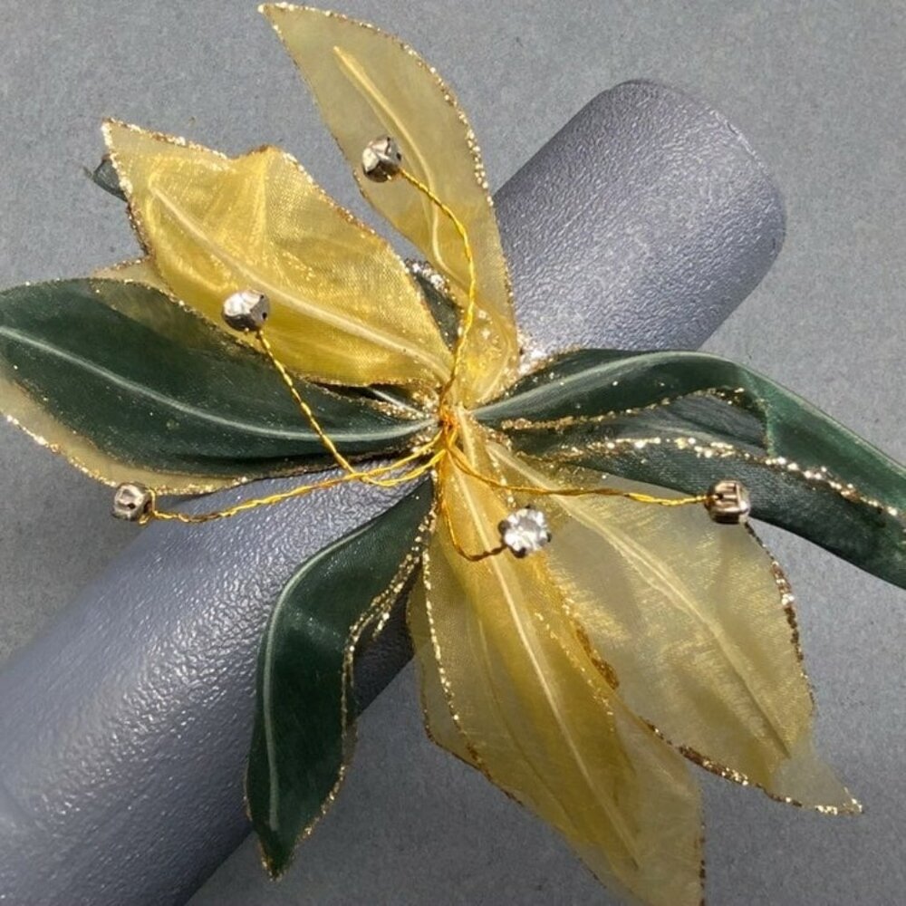 Rhinestone Stretch Bracelet Ribbon Wired Flower Yellow Green Bling Glam Prom